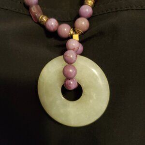 24" Green Jade main stone with turquoise and lavender bead necklace